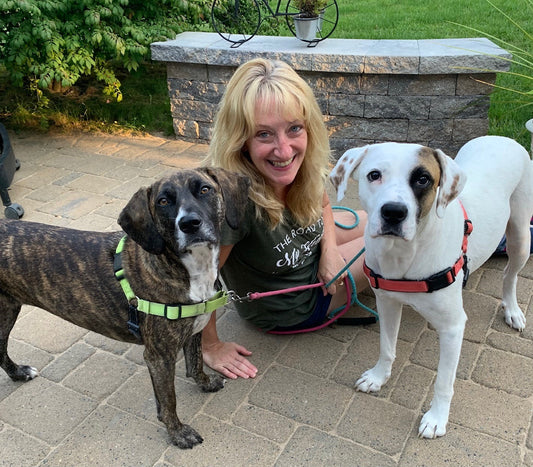 Woman sitting with her two dogs - The Missing Link Blog