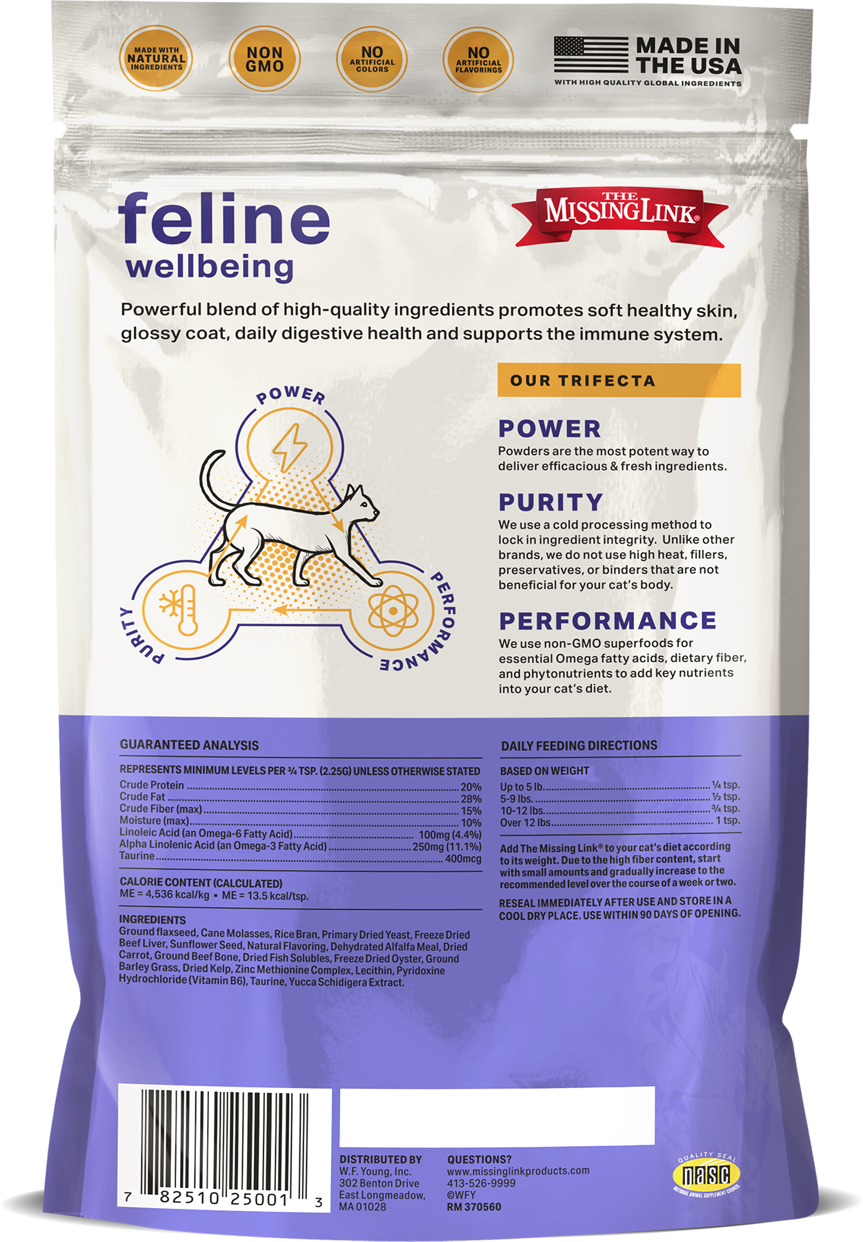 The Missing Link Feline Wellbeing, our trifecta, power, purity and performance.  Back of bag with NASC quality seal.