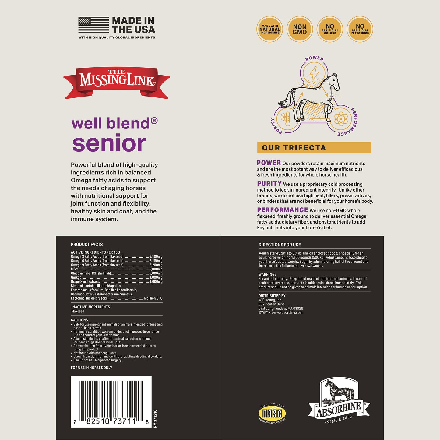 Back label for The Missing Link Senior Well Blend Performance powder supplement.