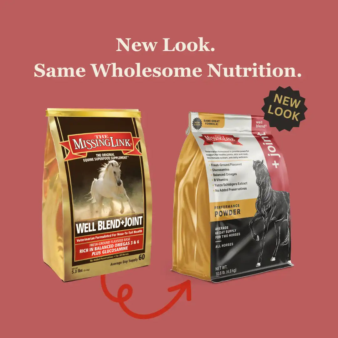 Old gold bag of Well Blend + Joint, red arrow pointing to the new packaging of a matte white, maroon and black bag of the same great formula. New look, same wholesome nutrition.