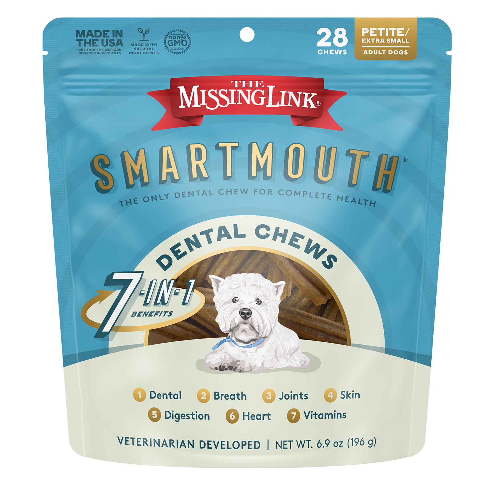 The Missing Link Smartmouth 7 in 1 dental chews, veterinarian developed.  Petite / Extra small dog size.
