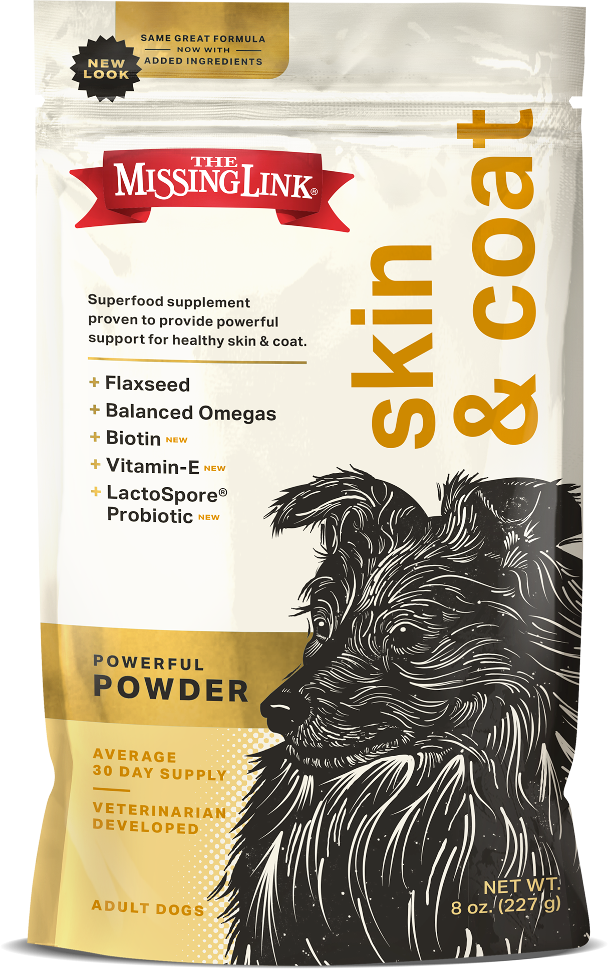 The Missing Link Skin & Coat powerful powder. One pound bag of Skin & Coat supplement.