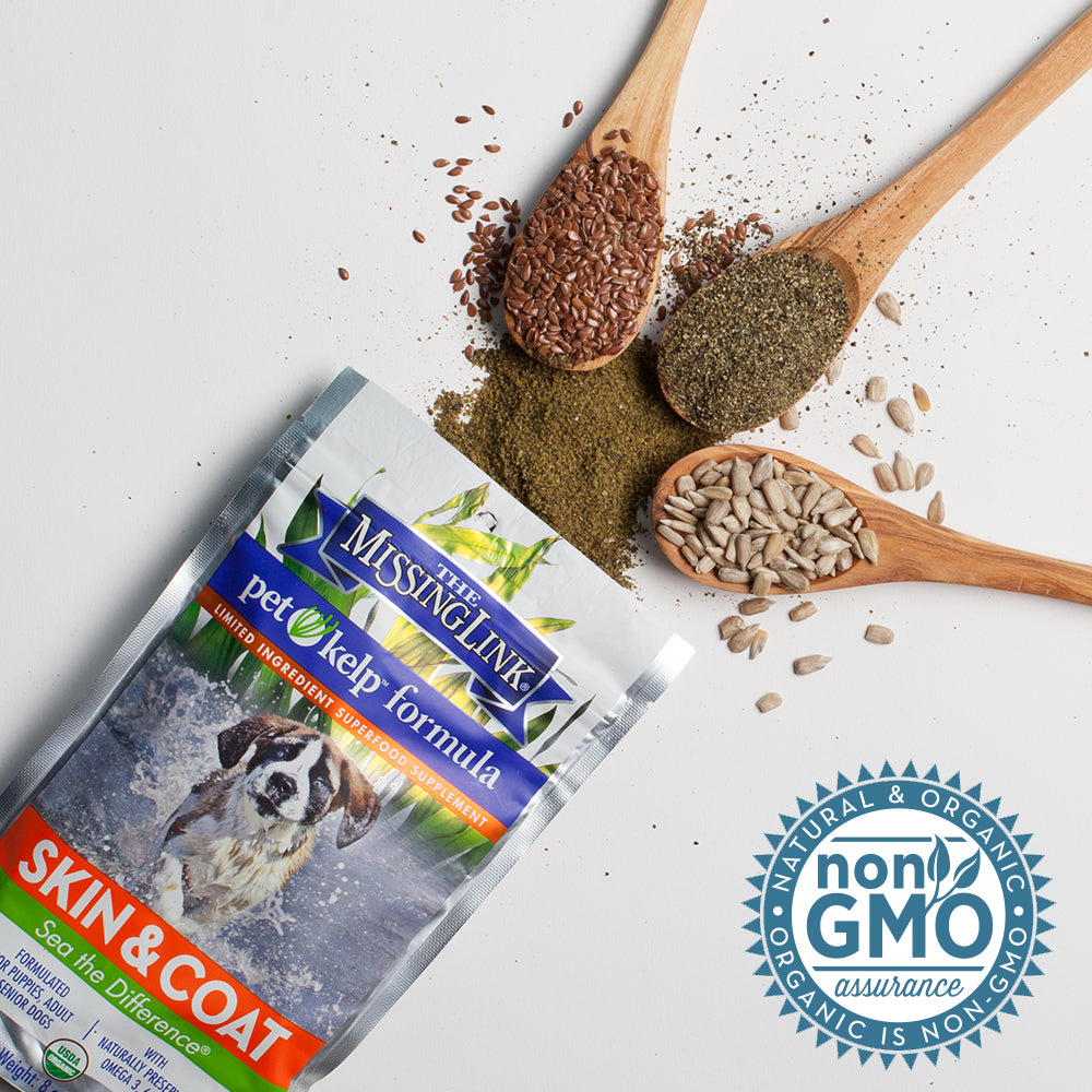 The Missing Link Skin & Coat pet kelp formula, non GMO assurance. Natural & organic, organic is non-gmo.