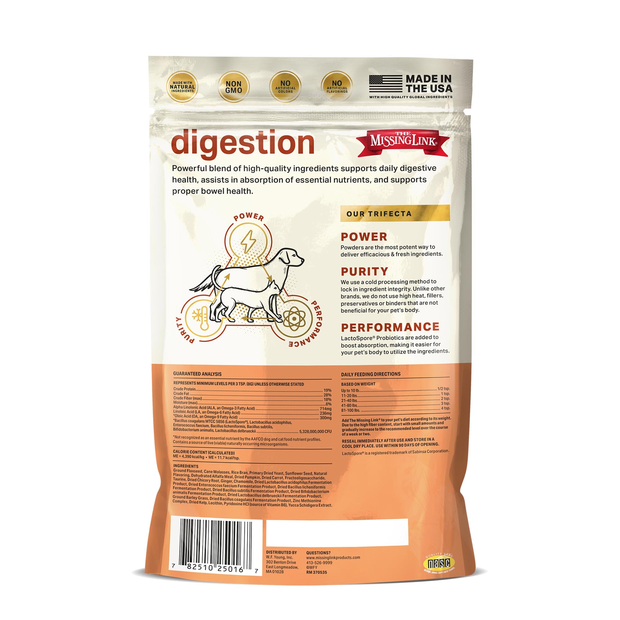 The Missing Link Digestion, our trifecta power, purity and performance back of bag.