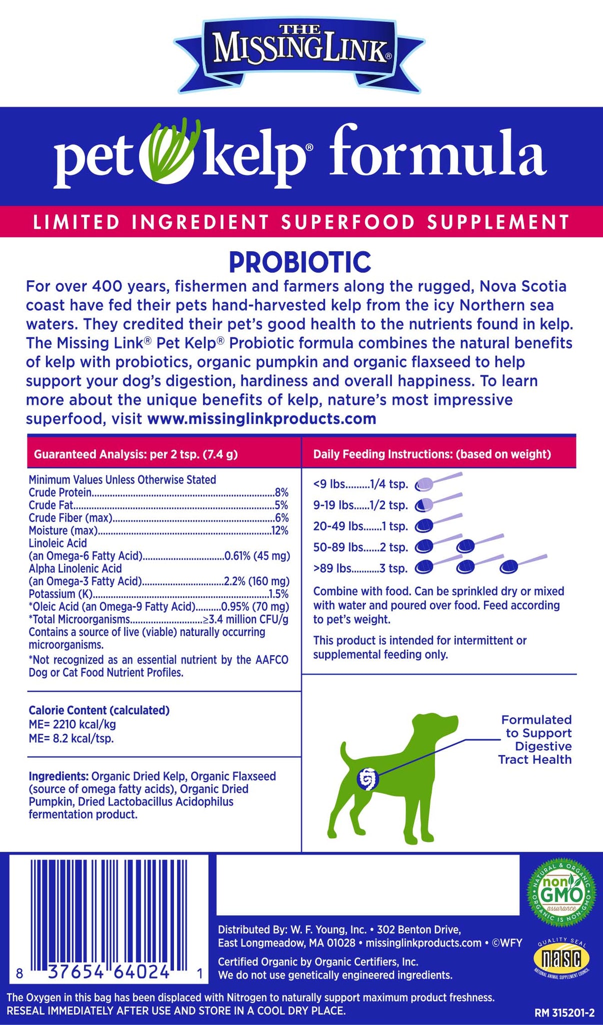 The Missing Link Probiotic pet kelp formula, limited ingredient superfood supplement back label.