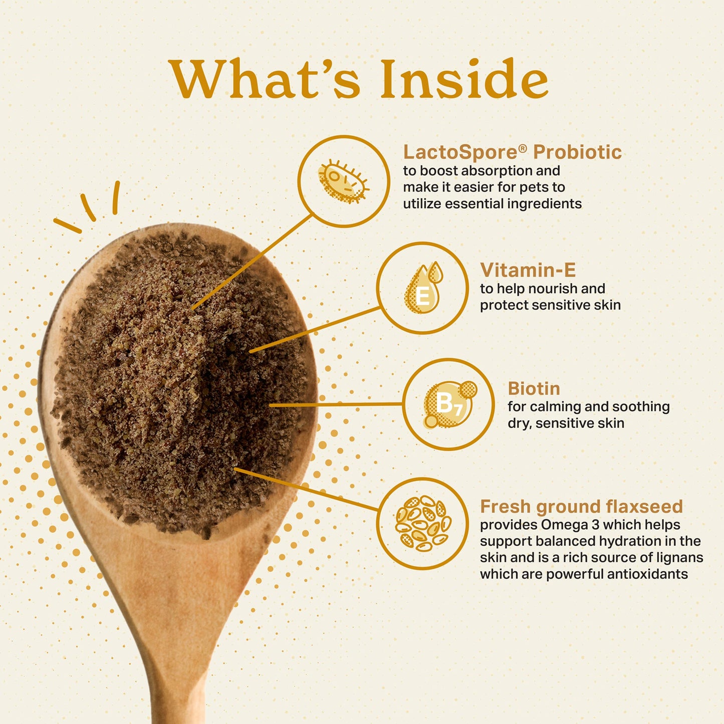 What's inside the Missing Link Skin & Coat supplement? LactoSpore Probiotic, Vitamin-E, Biotin, Fresh ground flaxseed.
