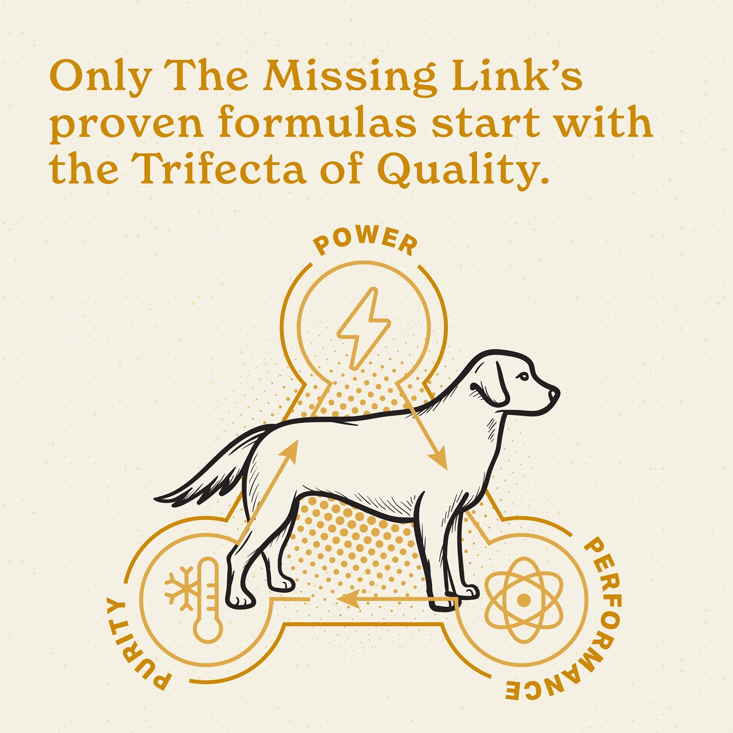 Only The Missing Link's proven formulas start with the Trifecta of Quality. Power, purity and performance in every scoop.
