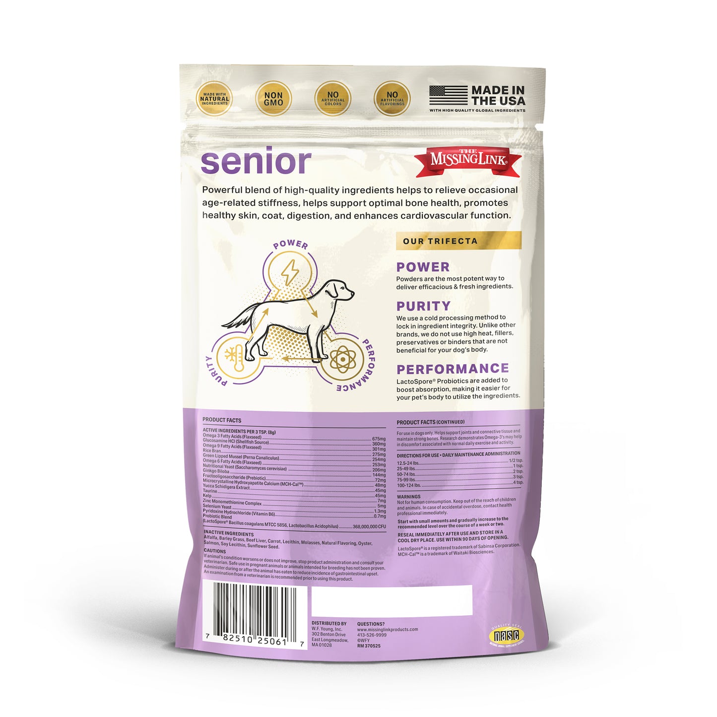 The Missing Link Senior, our trifecta power, purity, and performance!  Back of bag showing the NASC seal of approval on it.