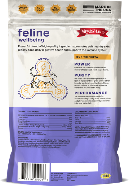 The Missing Link Feline Wellbeing, our trifecta, power, purity and performance.  Back of bag with NASC quality seal.