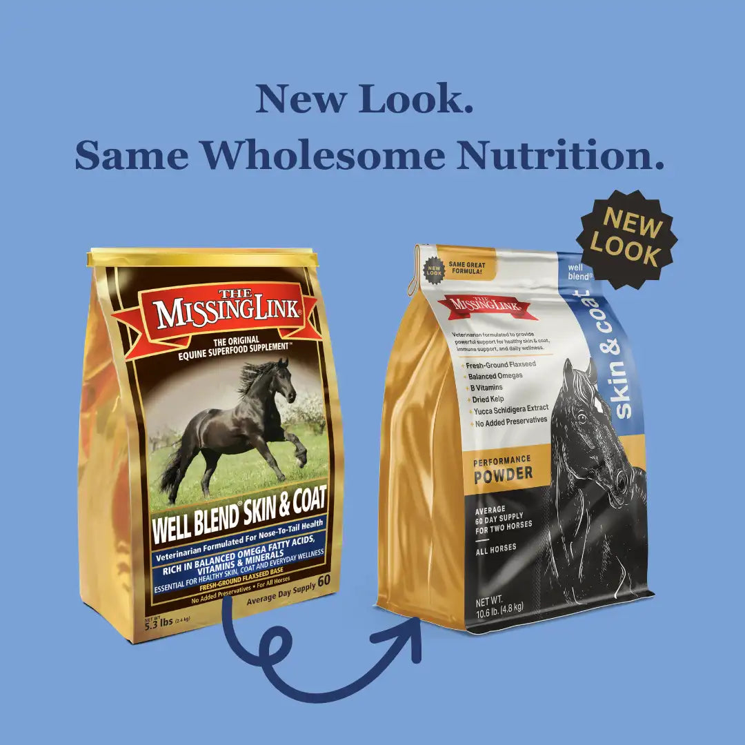 Old gold bag of Well Blend Skin & Coat, dark blue arrow pointing to the new packaging of a matte white, blue and black bag of the same great formula. New look, same wholesome nutrition.
