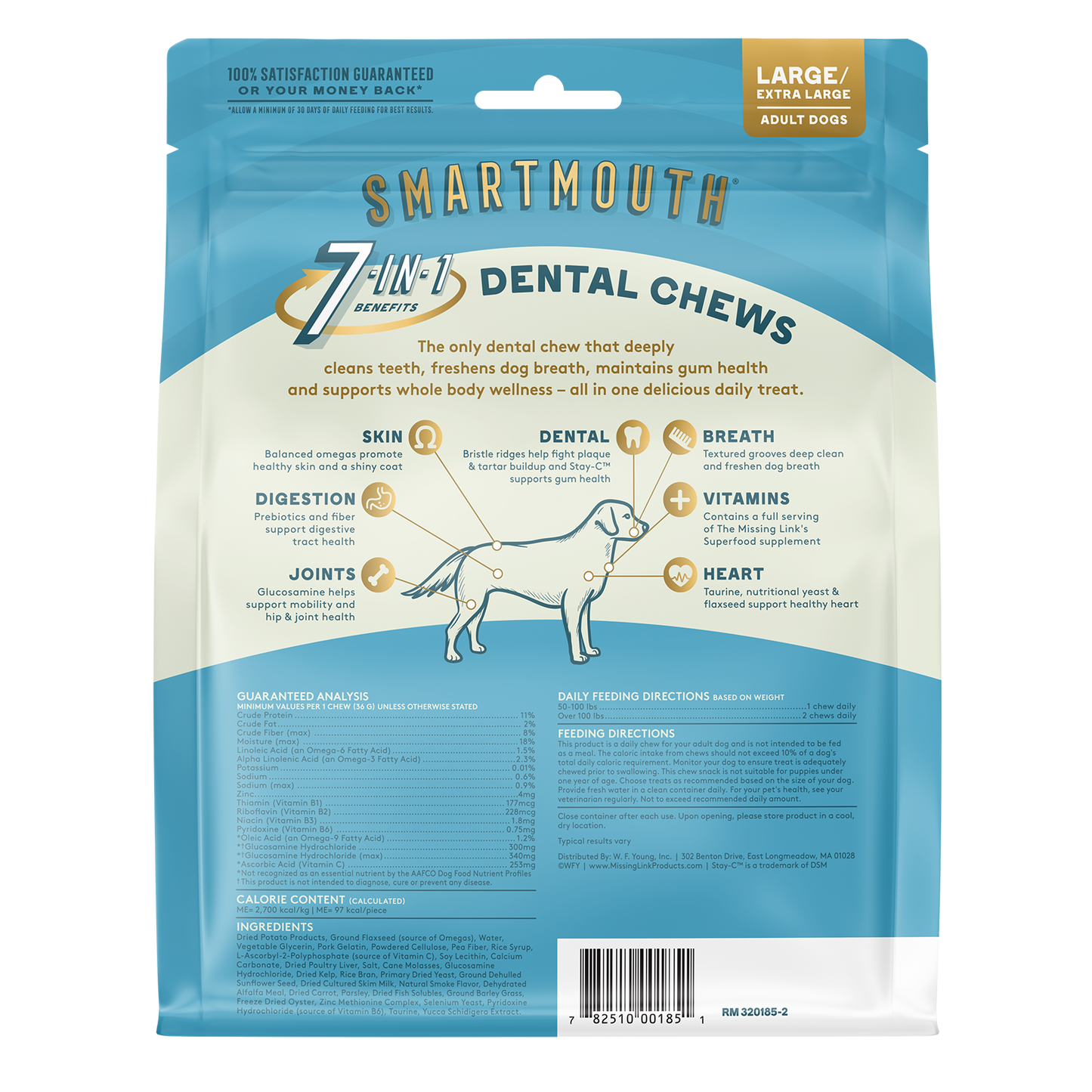 Smartmouth 7 in 1 benefits dental chews, back of bag.