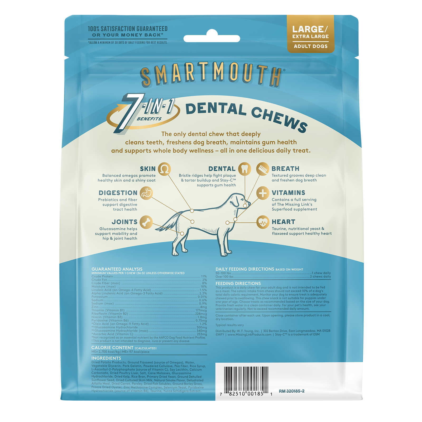 Smartmouth 7 in 1 benefits dental chews, back of bag.