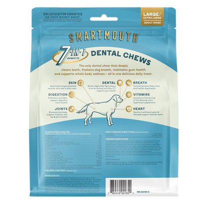 Smartmouth 7 in 1 benefits dental chews, back of bag.