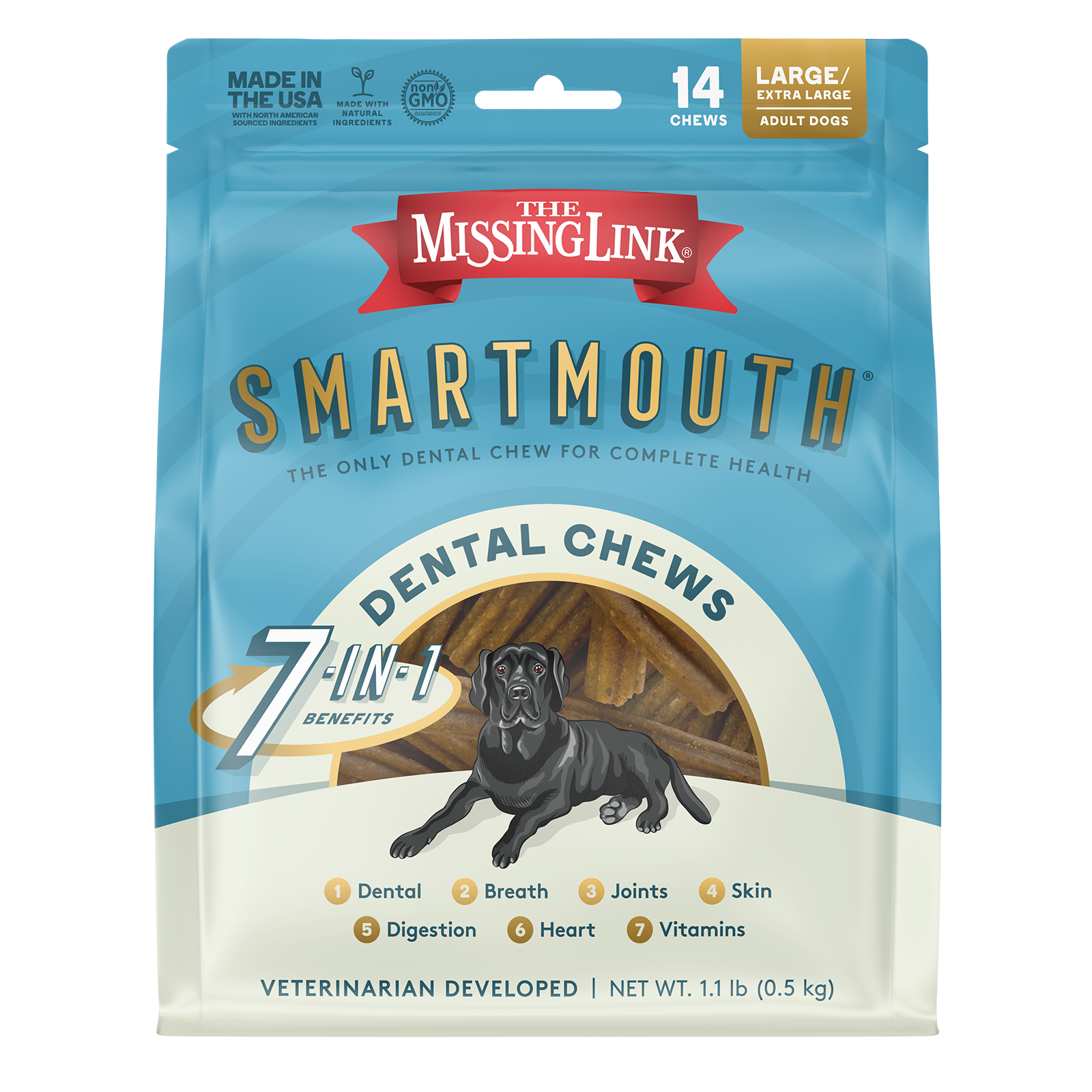 The Missing Link Smartmouth dental chews, the only dental chew for complete health.