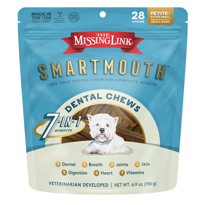 The Missing Link Smartmouth 7 in 1 dental chews, veterinarian developed.  Petite / Extra small dog size.