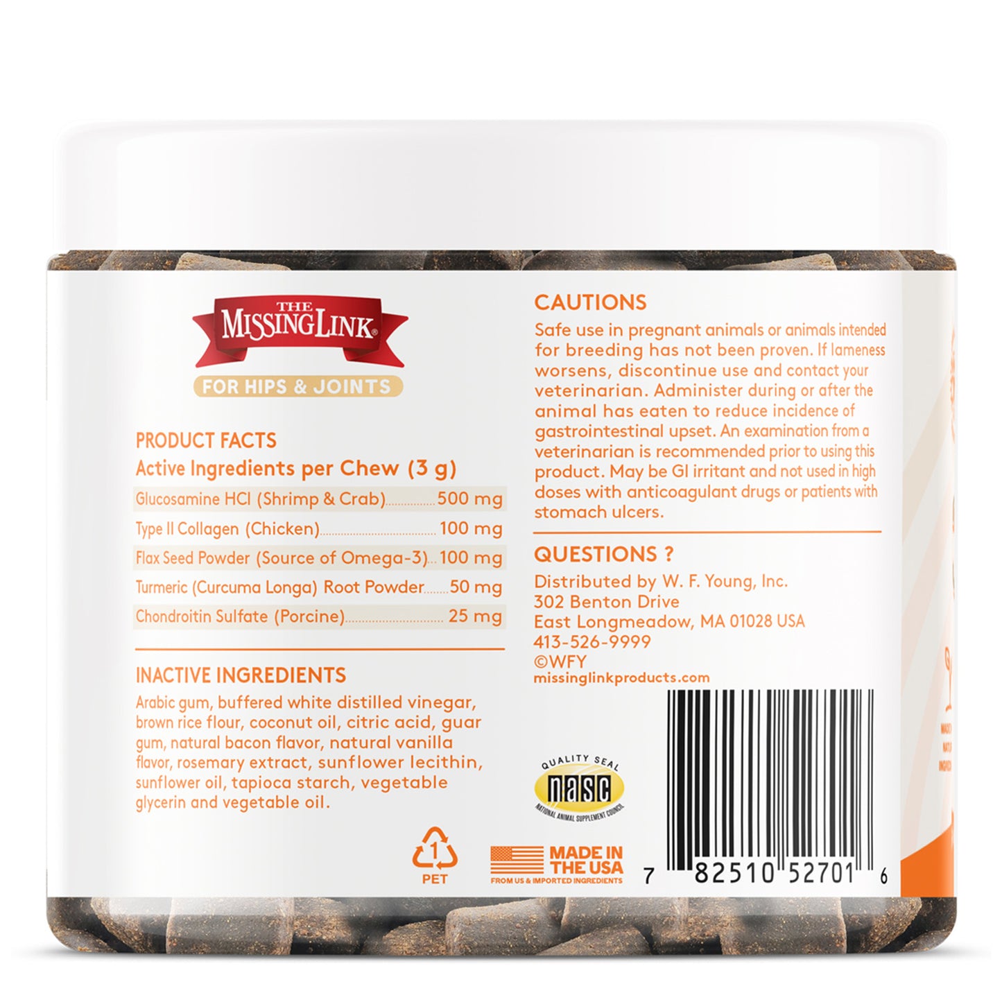Collagen Care soft chews for hips and joints back label with NASC quality seal.