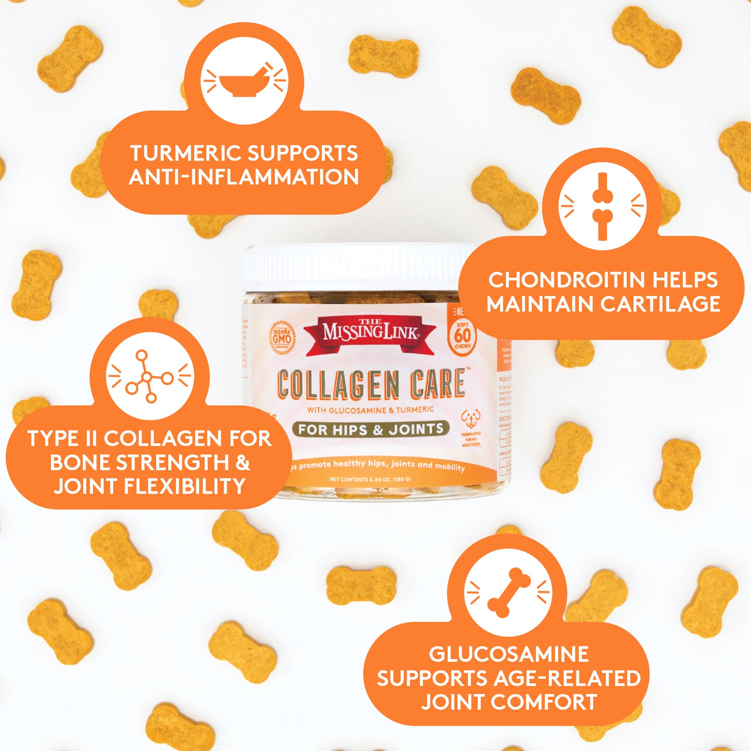 Collagen Care cycle; turmeric supports anti-inflamation.  Chondroitin helps maintain cartilage.  Type 2 collagen for bone strength & joint flexiblity.  Glucosamine supports age-related joint comfort.