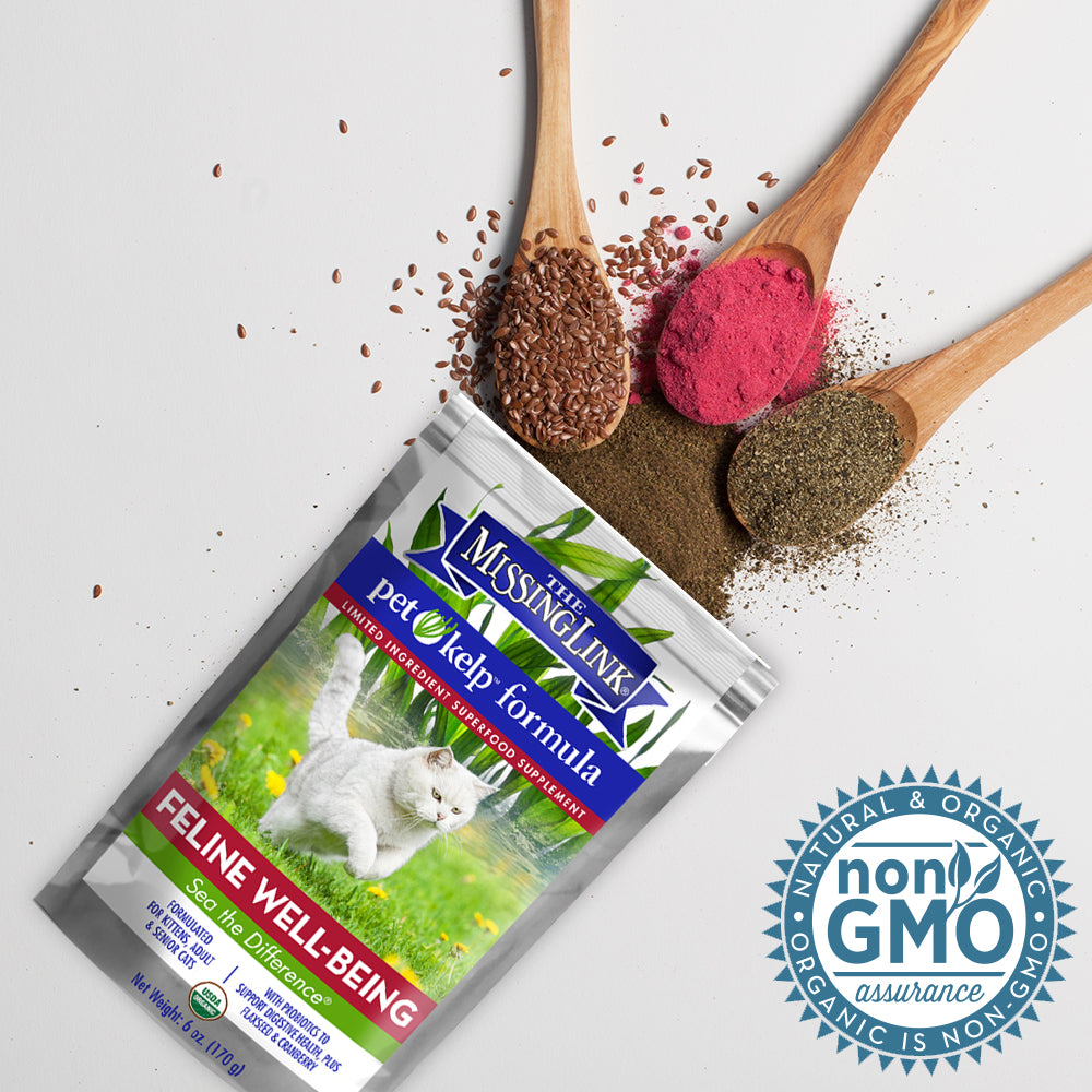 The Missing Link Pet Kelp formula feline well-being, natural & organic, organic is non-gmo.