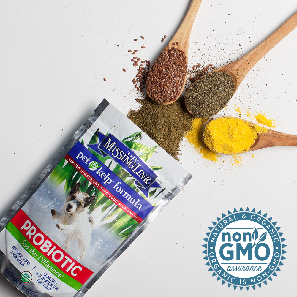 The Missing Link Probiotic pet kelp formula.  Non GMO natural & organic, organic is non-gmo.