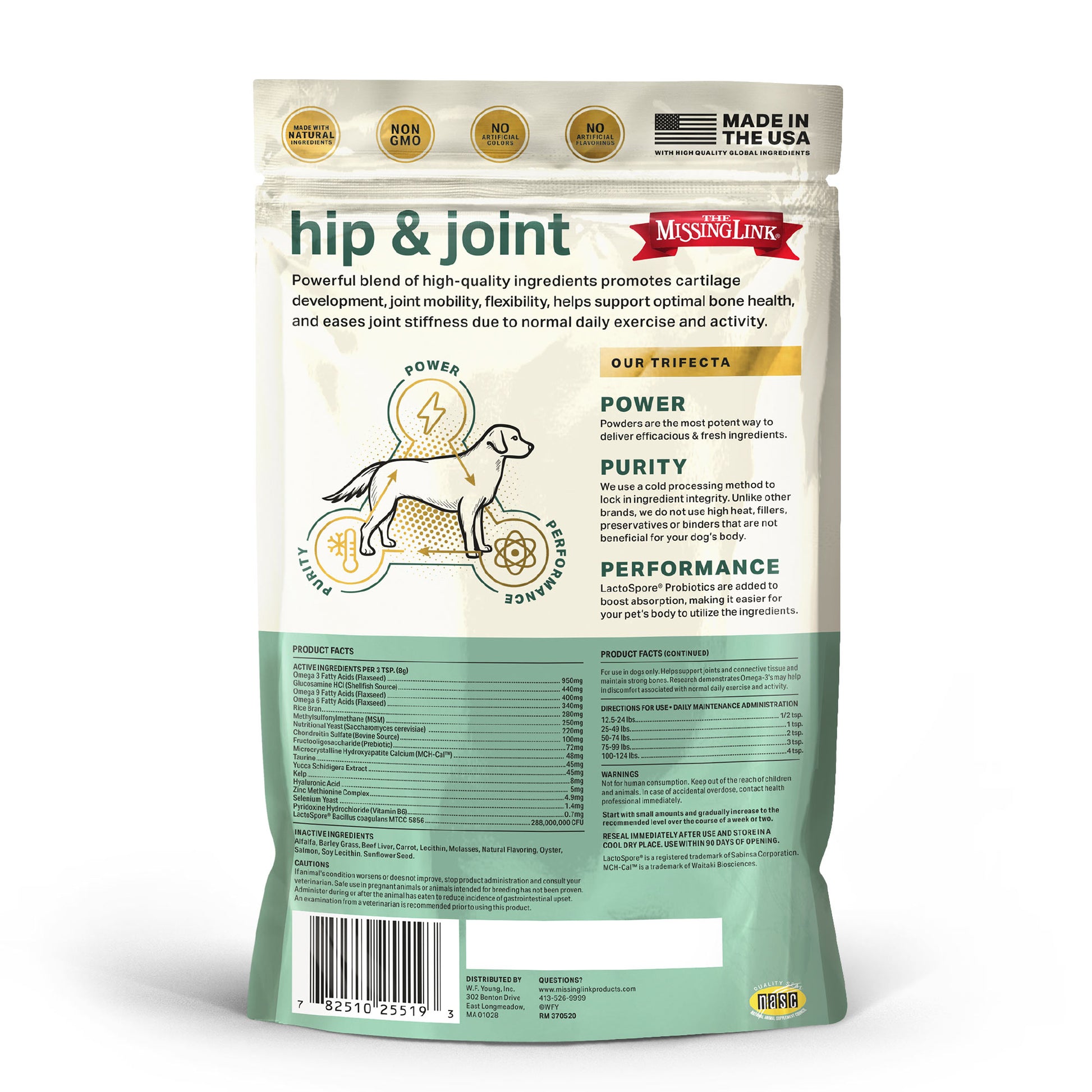 The Missing Link Hip & Joint our trifecta power, purity, performance back of bag.