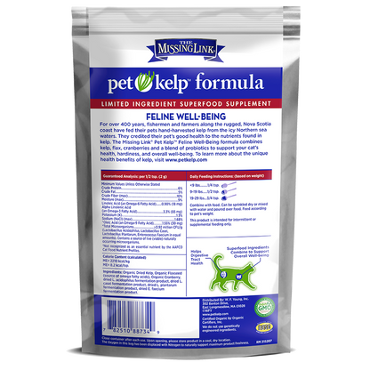 The Missing Link Pet Kelp formula, feline well-being back of bag.