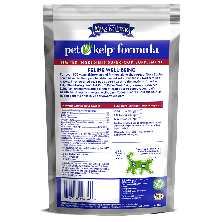 The Missing Link Pet Kelp formula, feline well-being back of bag.