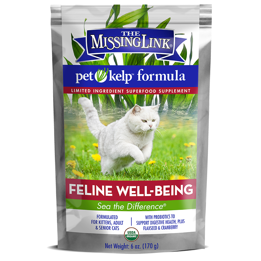 The Missing Link feline well-being pet kelp formula.  Sea the difference.