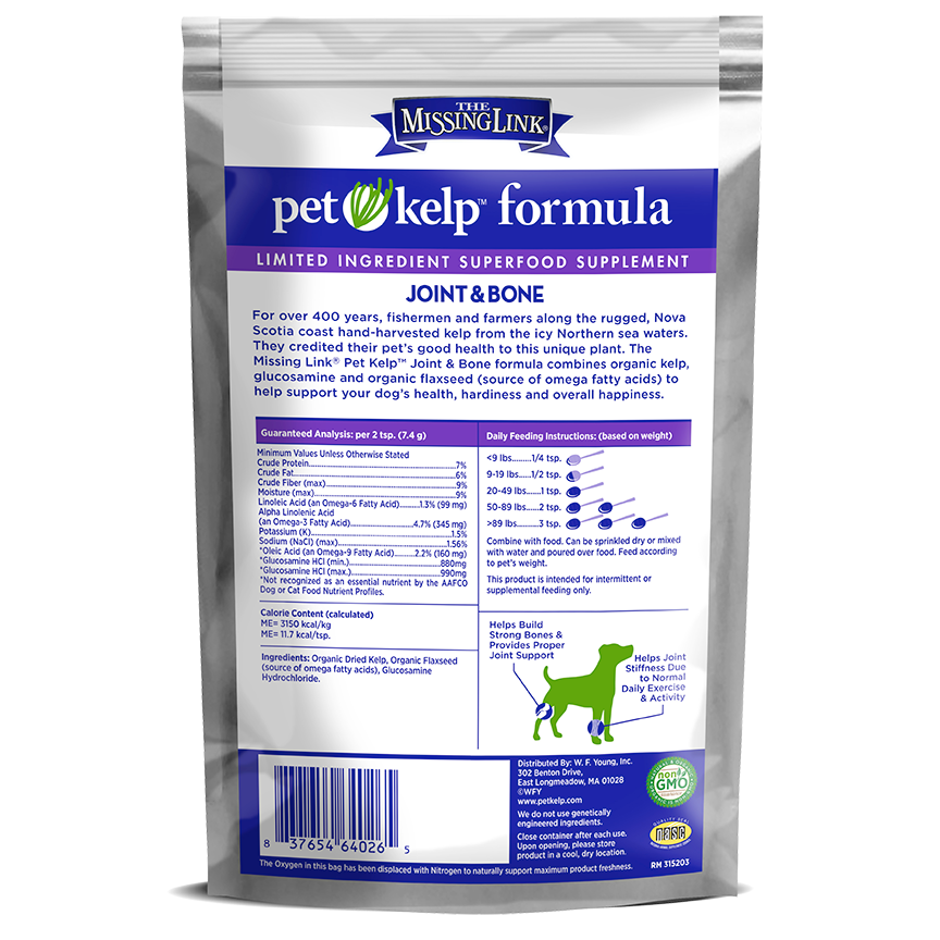 The Missing Link joint & bone pet kelp formula back of bag.