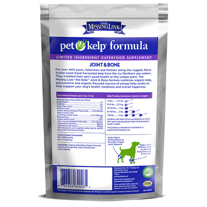 The Missing Link joint & bone pet kelp formula back of bag.