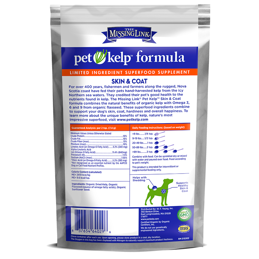 The Missing Link Skin & Coat pet kelp formula back of bag, with NASC logo.