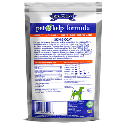 The Missing Link Skin & Coat pet kelp formula back of bag, with NASC logo.