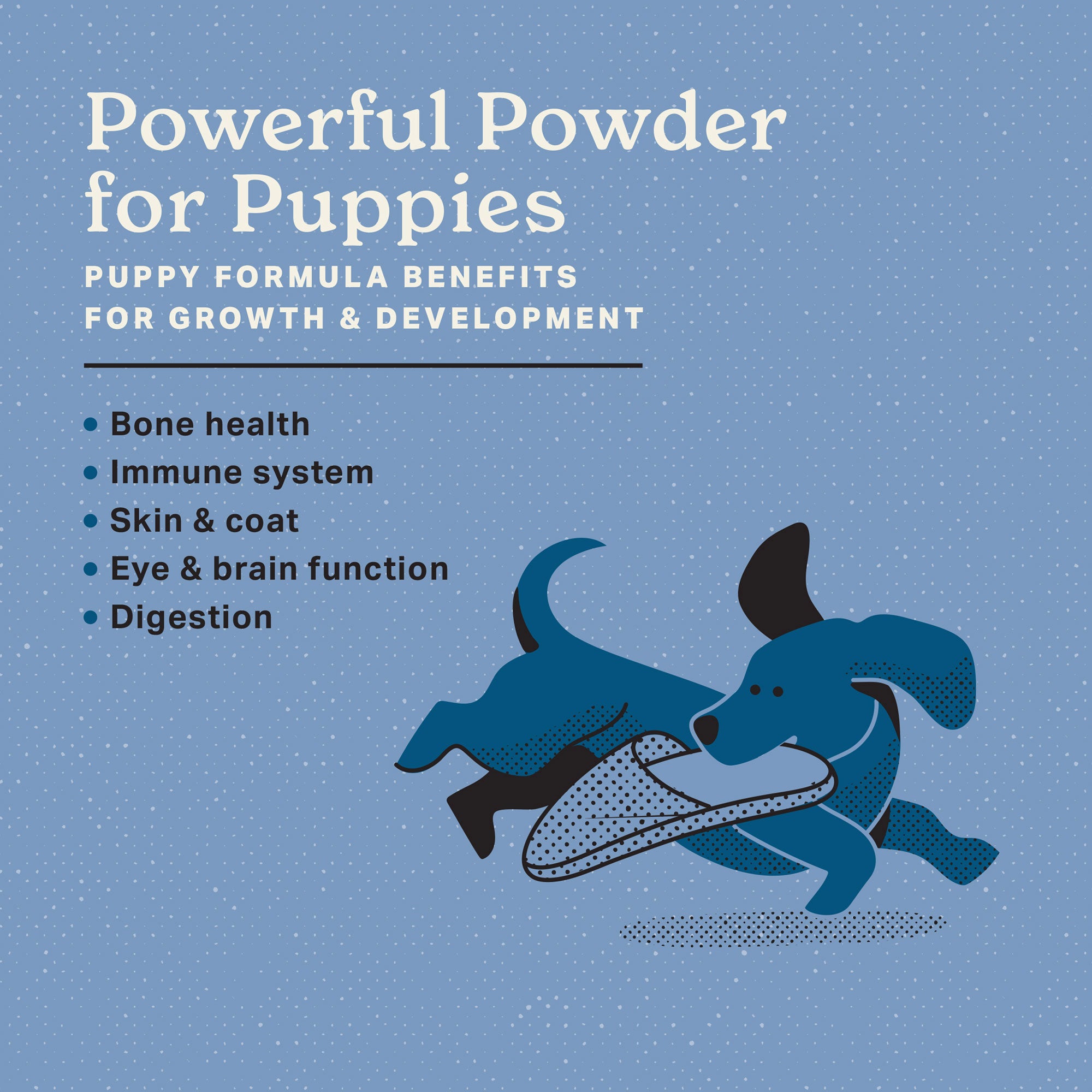 Powerful Powder for Puppies.  Puppy formula benefits for growth & development.  Bone health, immune system, skin & coat, eye & brain function, digestion. Animated Puppy carrying around a person slipper in its mouth.