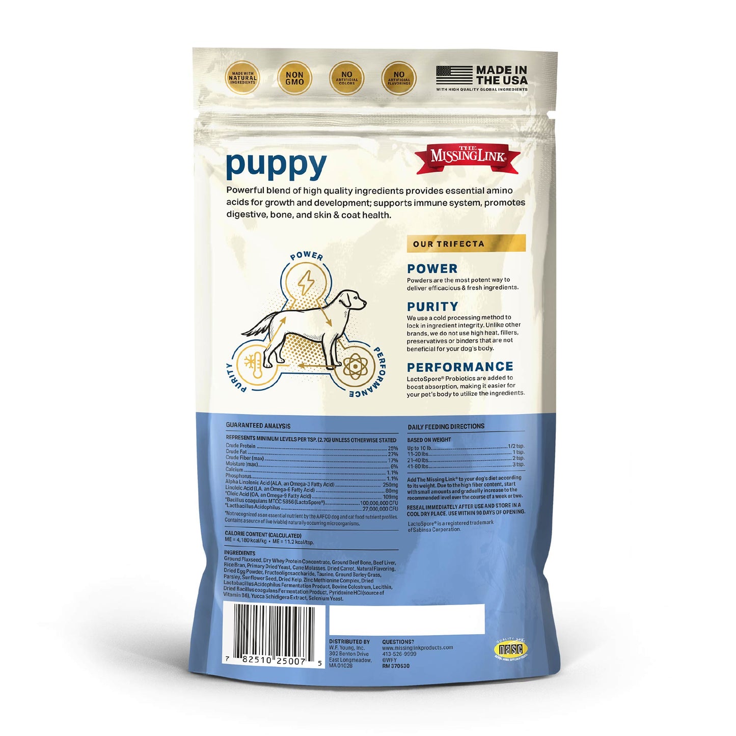The Missing Link powerful powder puppy formula supplement, back of bag.  Our trifecta power, purity, and performance!