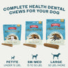 Smartmouth dental chews for dogs, sizes petite, small medium, and large.  Complete health dental chew for your dog.